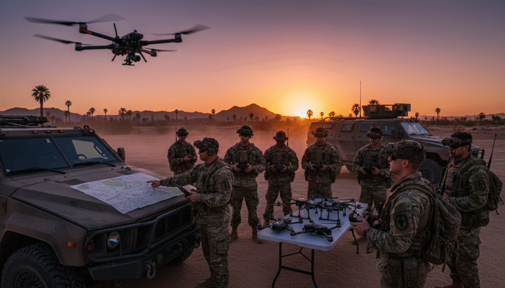 firefly gemini flash drone operator training recruits, explaining tactics near vehicles, sunset background 621795